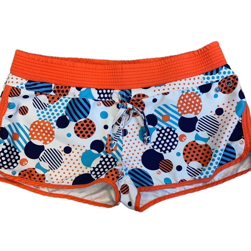 𝅺POWDER room orange blue polkadot circle board shorts Sz 9